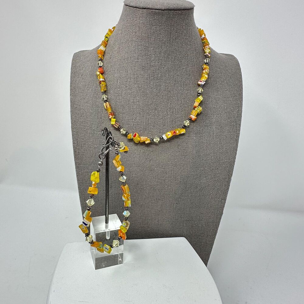Handcrafted Millefiori Glass Bead Necklace 17" & Bracelet 8" Vintage Jewelry Set